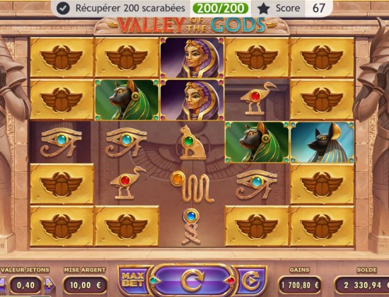 Très gros gain sur Valley of the Gods avec quelques spins à 10 euros